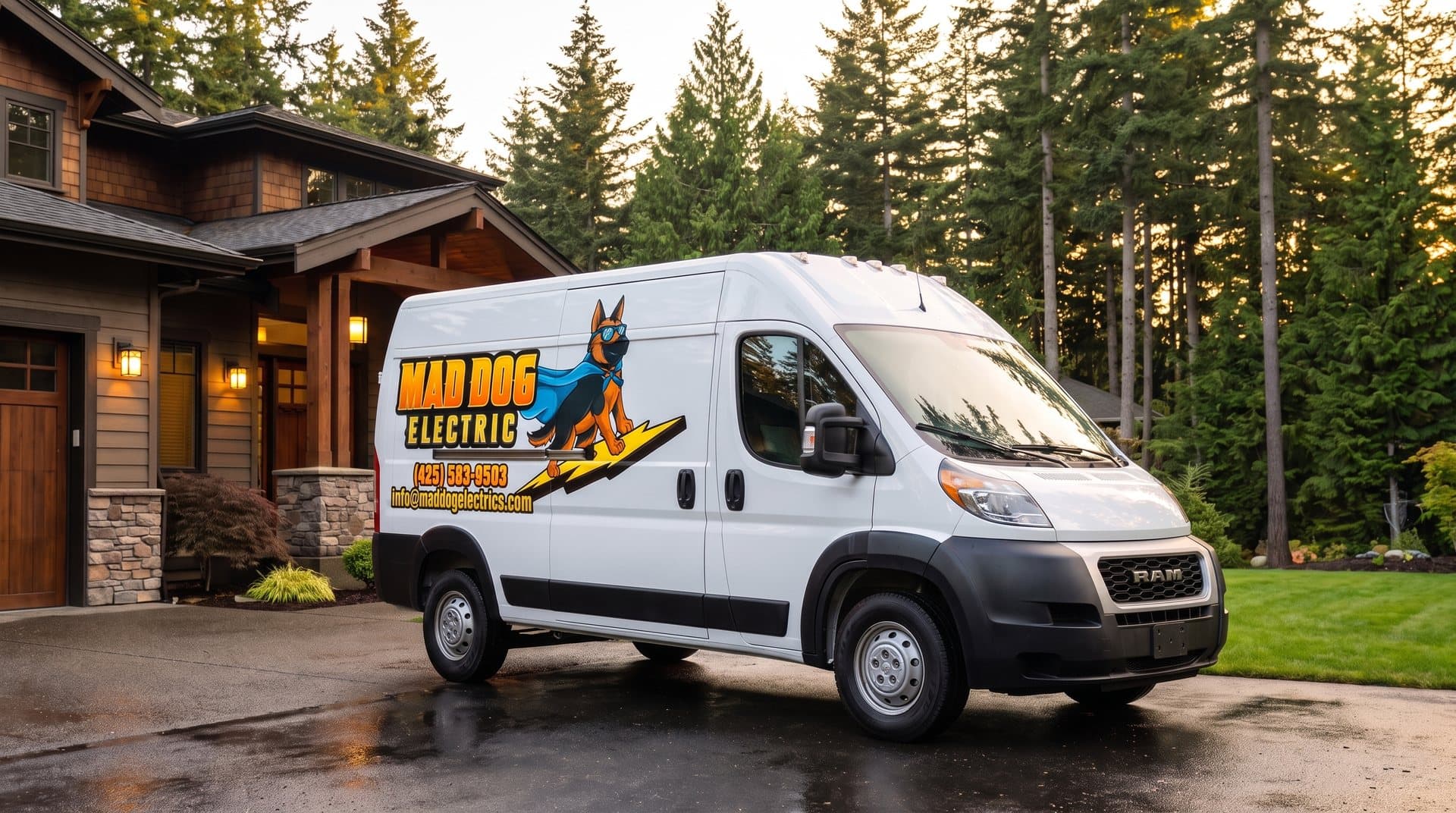 Mad Dog Electric van with the Mad Dog mascot livery parked in a Seattle-area driveway